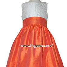 Orange silk and white silk with pearled bodice flower girl dress