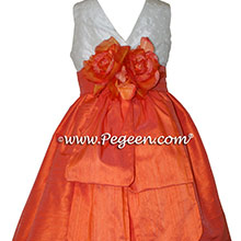 Orange and Antique White Flower Girl Dresses in silk style 370