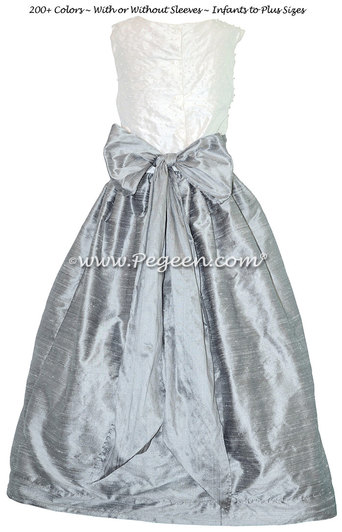 Silver Gray and Antique White with Pearls flower girl dresses