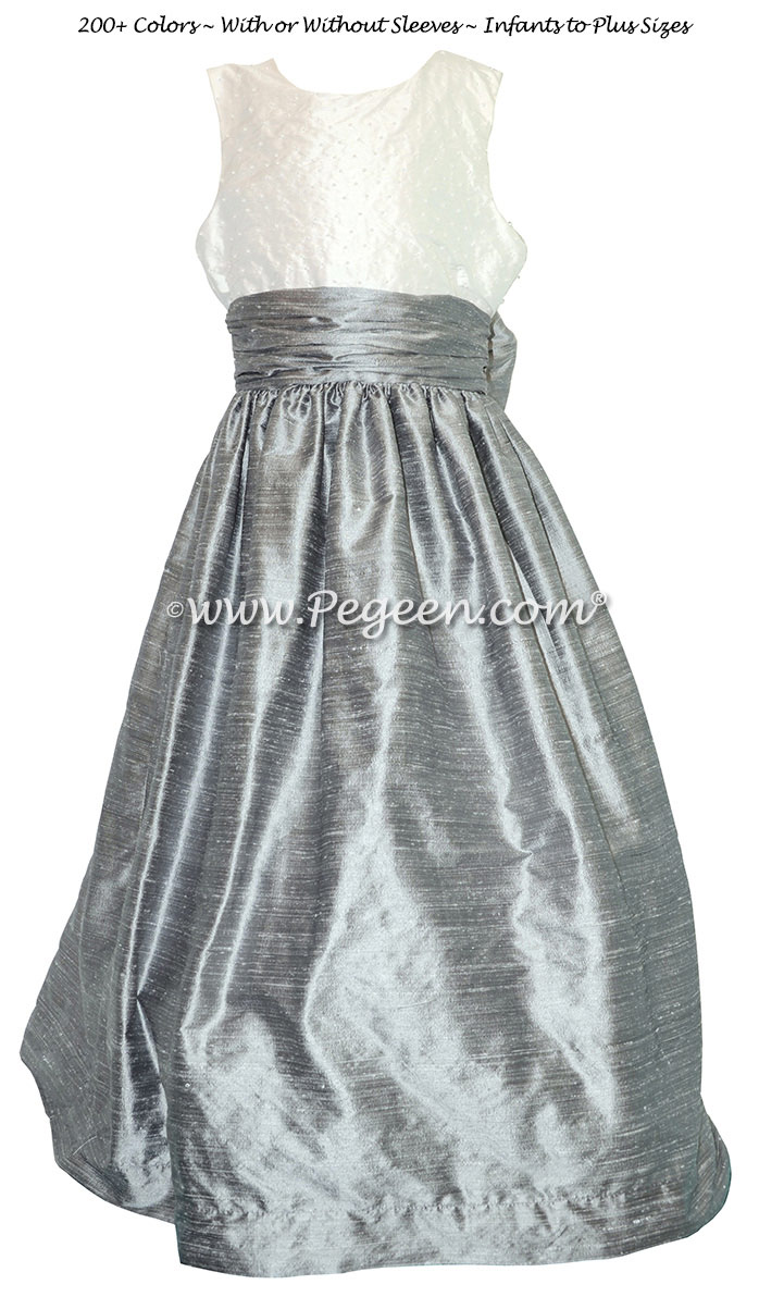 Silver Gray and Antique White with Pearls flower girl dresses