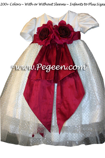 Ivory and cranberry Custom Tulle Toddler flower girl dresses by PEGEEN with sparkle tulle