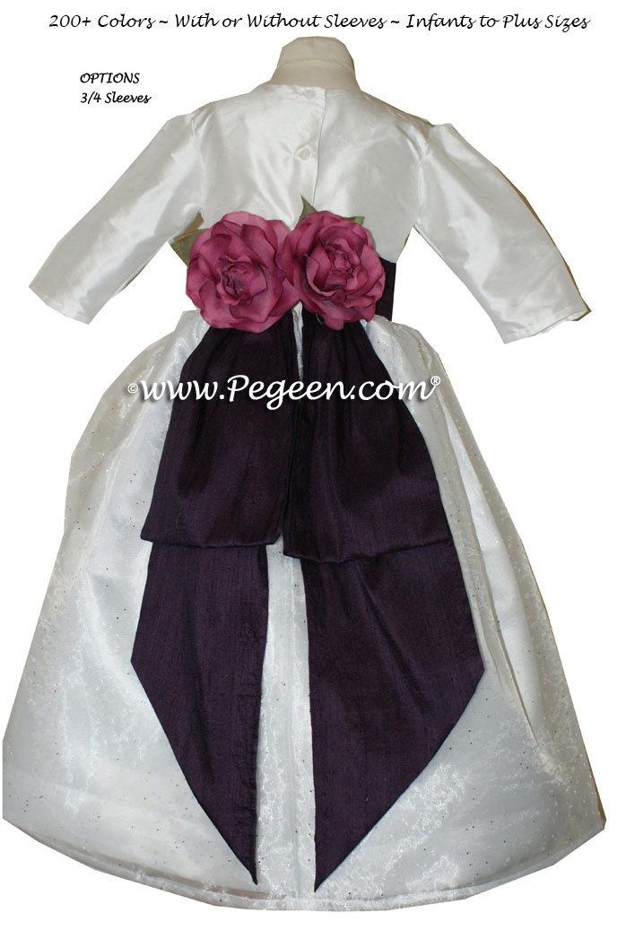 Antique White and Plum (1000 Nights) flower girl dress with back flowers and 3/4 sleeves