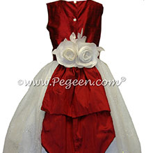 Antique White and Christmas Red Silk and Sugar Organza Flower Girl Dresses