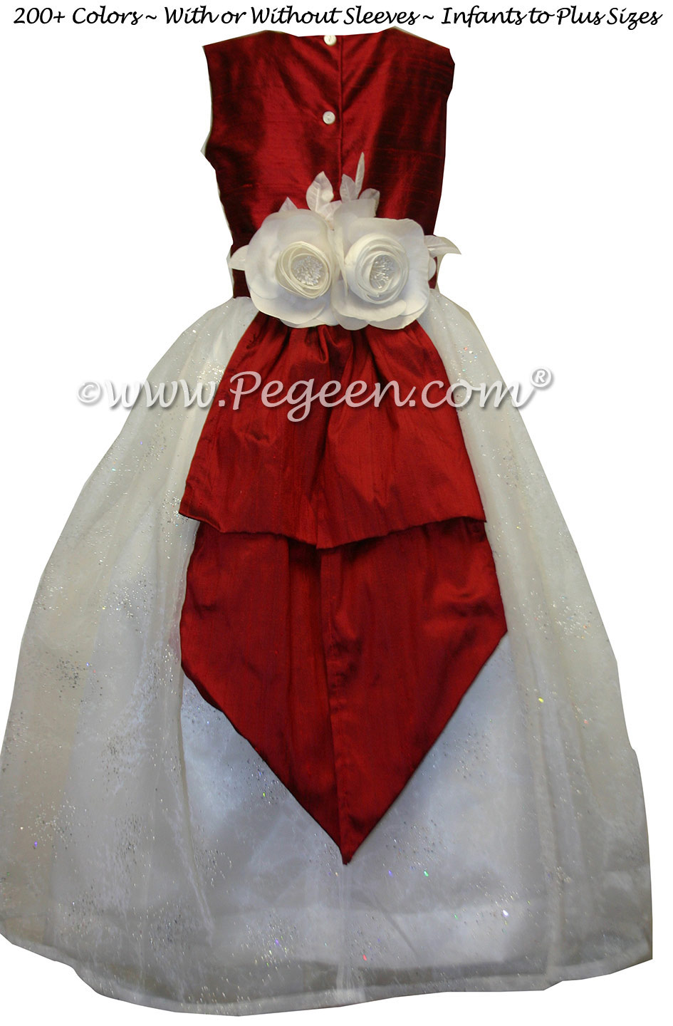 Custom Flower Girl Dress in Christmas Red & Antique White Silk and Sparkle Organza