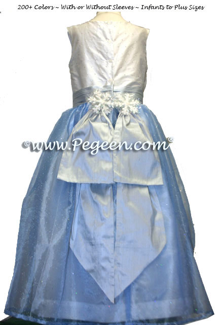 Custom Holiday Girl's Dress in Light Blue and White with Snowflakes
