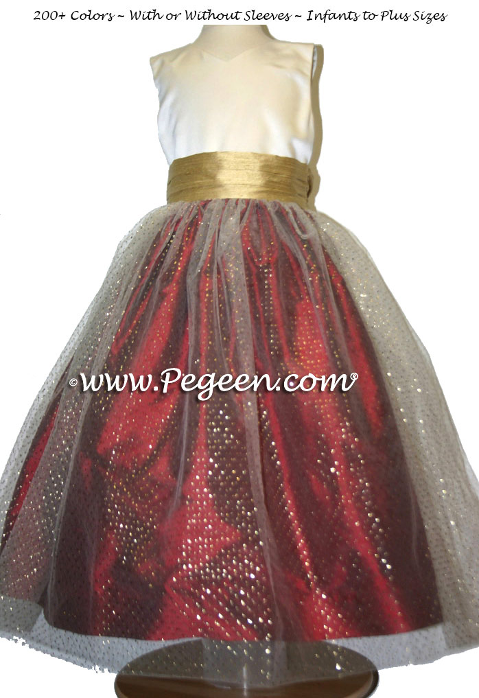 Custom Flower Girl Dress in Gold, Claret Red and Glitter Tulle