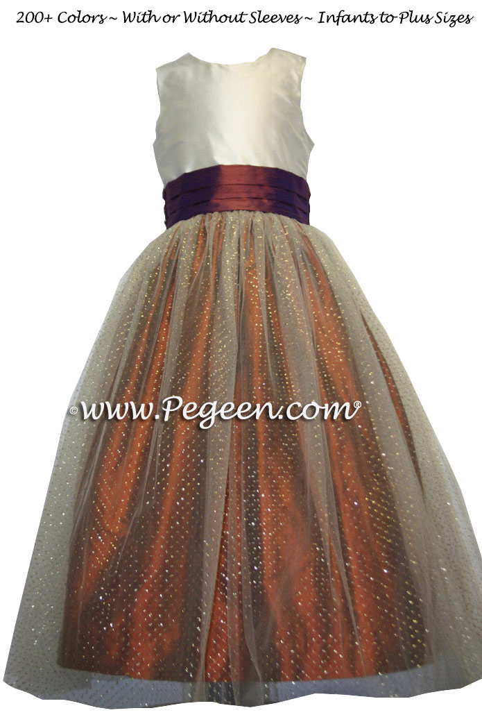 Mountain Fall (copper) and Oak Brown tulle junior bridesmaids dress