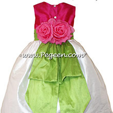Cerise (Hot Pink) Antique White and Apple Green Flower Girl Dresses with bustle and flowers