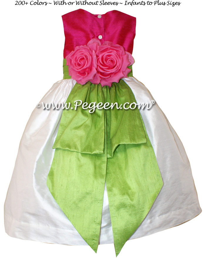 Cerise (Hot Pink) Antique White and Apple Green Flower Girl Dress with bustle and flowers