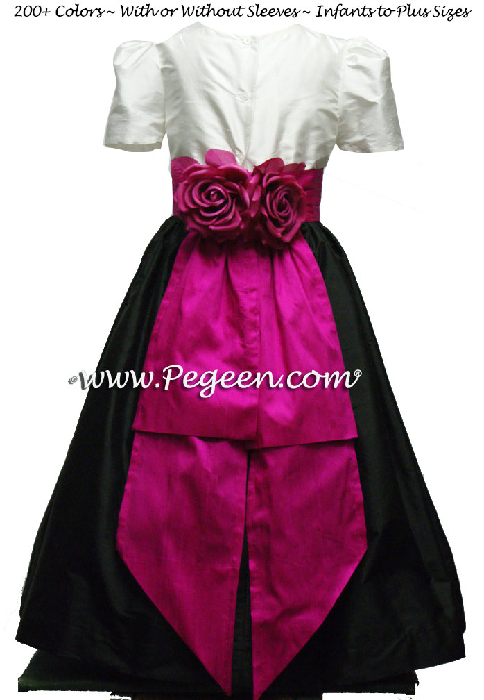 Black and Boing (fuschia pink) silk flower girl dress style 355