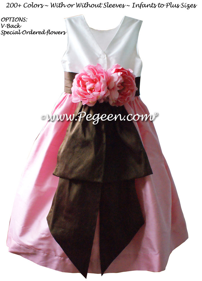 Hibiscus Pink Antique White and Chocolate flower girl dresses Style 383