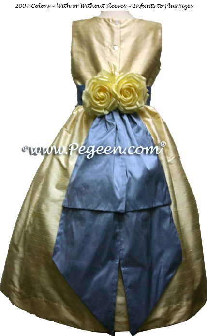 French blue and and buttercream silk flower girl dresses with yellow back flowers