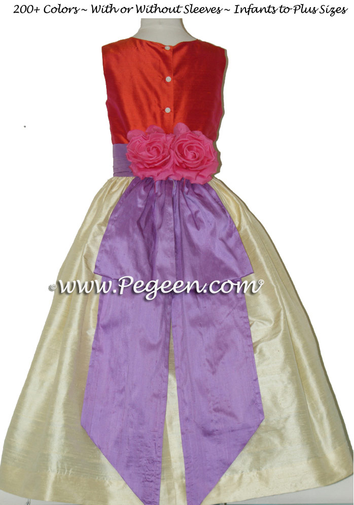 Custom Yellow, Orange Red and Purple flower girl dresses by PEGEEN