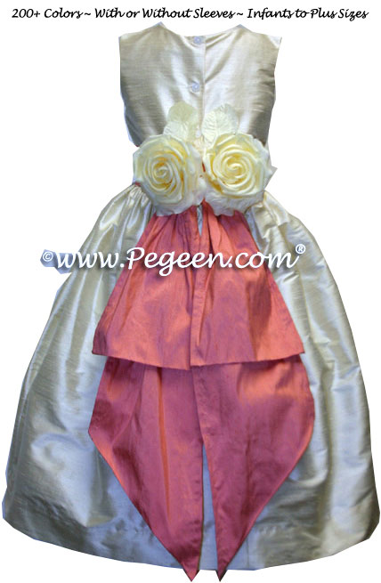 Sunset peach and and buttercream silk flower girl dresses with yellow back flowers