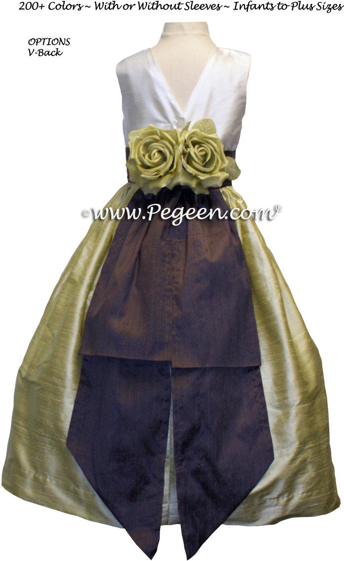 Summer Green and Iris Silk Flower Girl Dresses with back flowers