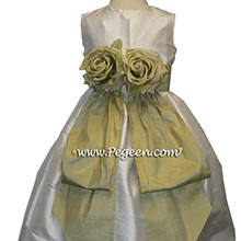 New Ivory and Celery Green Flower Girl Dresses With Flowers and Bustle