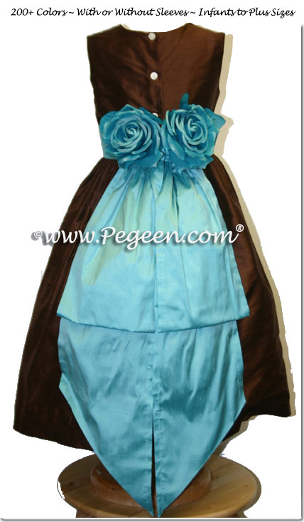 Chocolate Brown and Tiffany Blue Silk Flower Girl Dress with Hand Made Silk Roses