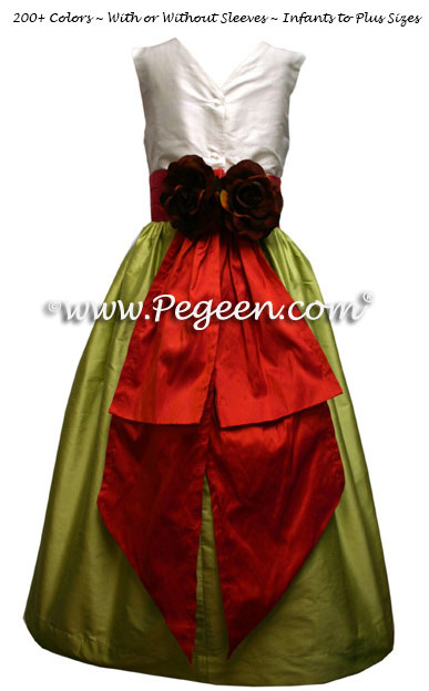 Jr bridesmaid dress - Style 383 Citrus green and mango orange silk  | Pegeen