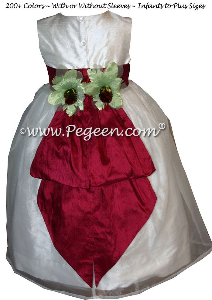 Antique White and Cranberry with Custom Back Flowers -  Flower Girl Dress Style 313