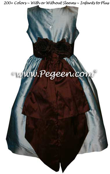 Caribbean blue and chocolate brown Jim Hjelm Matching flower girl dresses