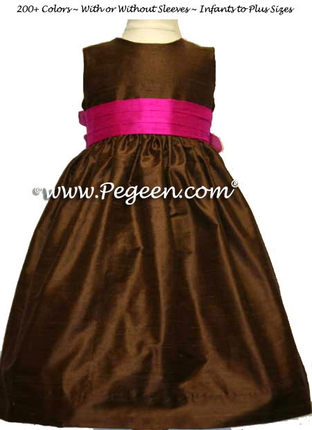 Chocolate Brown and Raspberry Pink Silk Flower Girl Dress with Hand Made Silk Roses