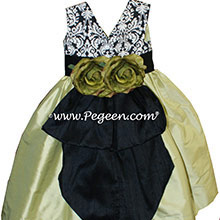 BLACK and WHITE DAMASK with Citrus Green Flower Girl silk dress