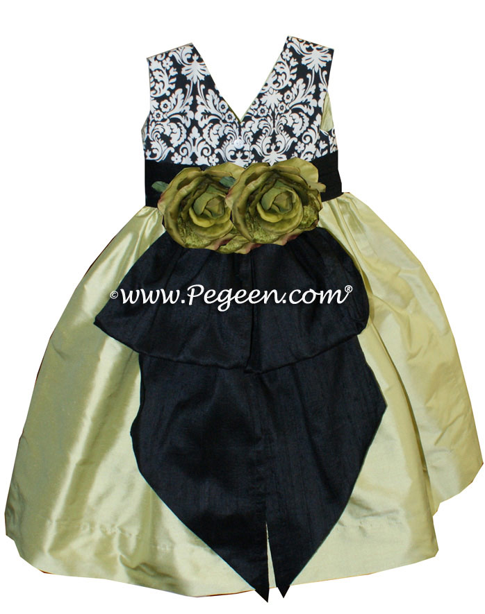 Black And White Damask Flower Girl Dress with Citrus Green style 355