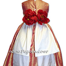 grapefruit and Antique White silk  flower girl dresses