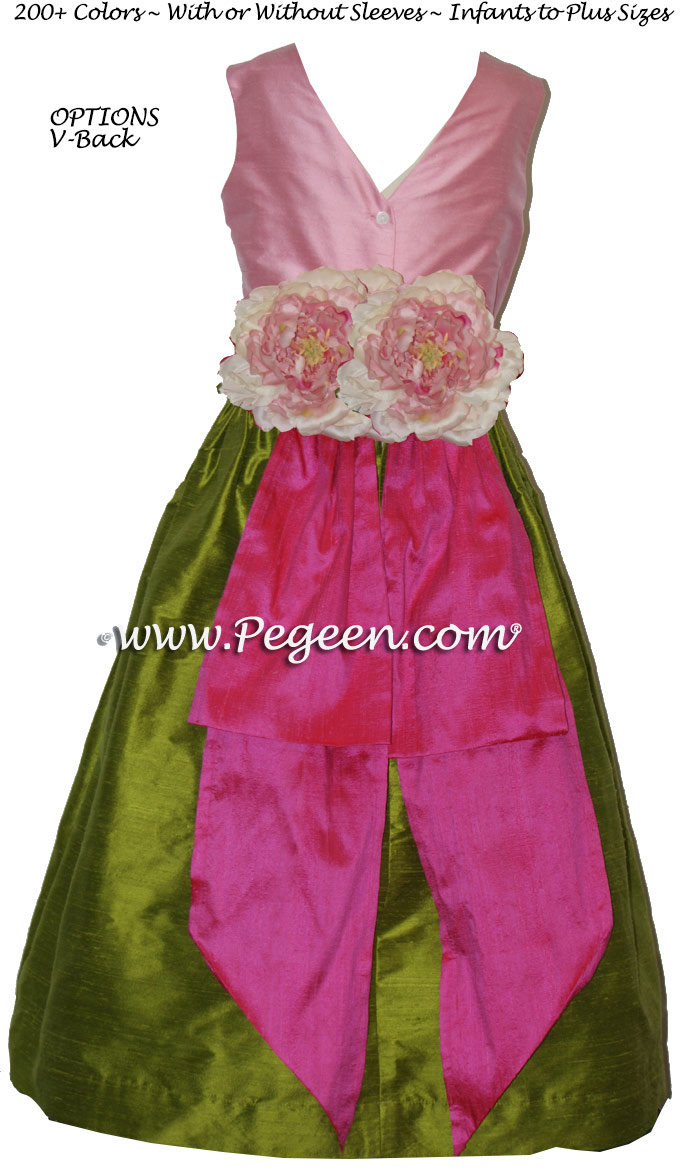 Silk flower girl dresses in Apple Green, Bubble Gum and Boing Hot Pink with V-Bac
