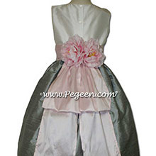 New Ivory, Morning Gray and Ice Pink Flower Girl Dresses With Pink Peony Flowers and Bustle