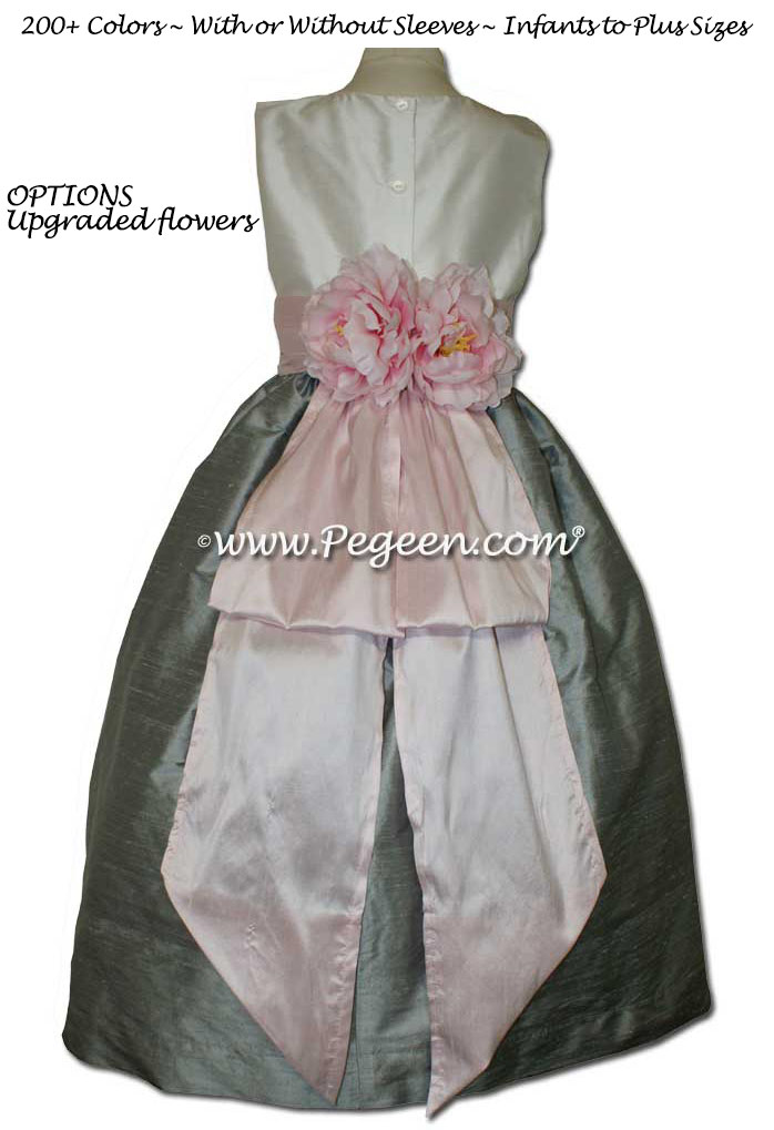 New Ivory, Morning Gray and Ice Pink FLOWER GIRL DRESSES With White Flowers and Bustle