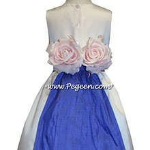 Ivory Satin and Sapphire Flower Girl Dresses style 383
