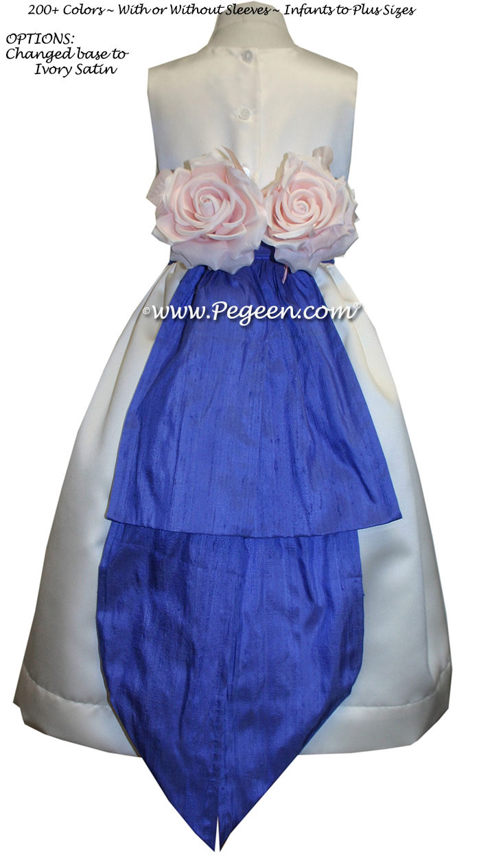 Custom Ivory Satin and Sapphire flower girl dresses style 383