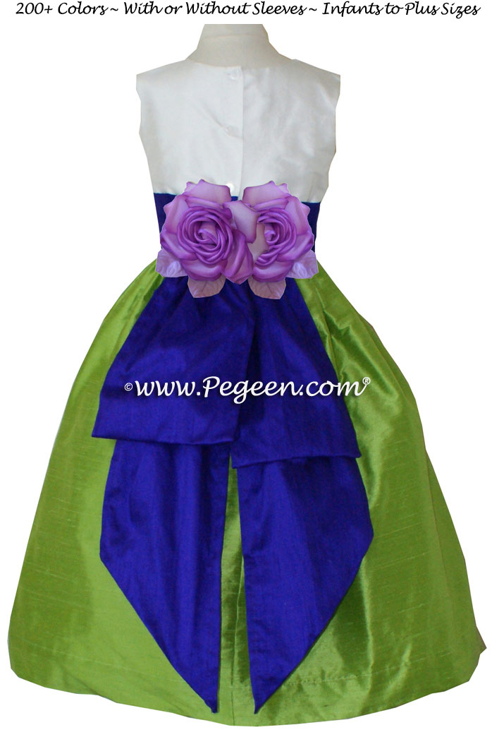 Royal purple and apple green flower girl dresses Style 383