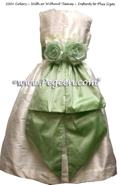 Leaf Green and New Ivory Custom Silk Flower Girl Dress Style 383