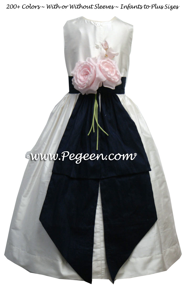 Flower girl dress style 383 in white and navy with trailing roses | Pegeen