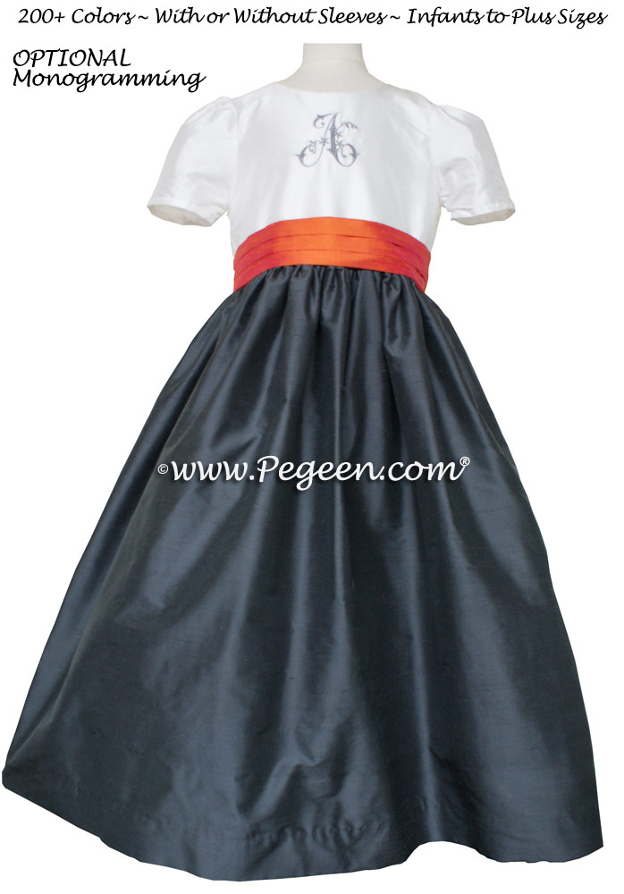 Pewter Gray and Mango Orange Monogrammed Silk Flower Girl Dresses