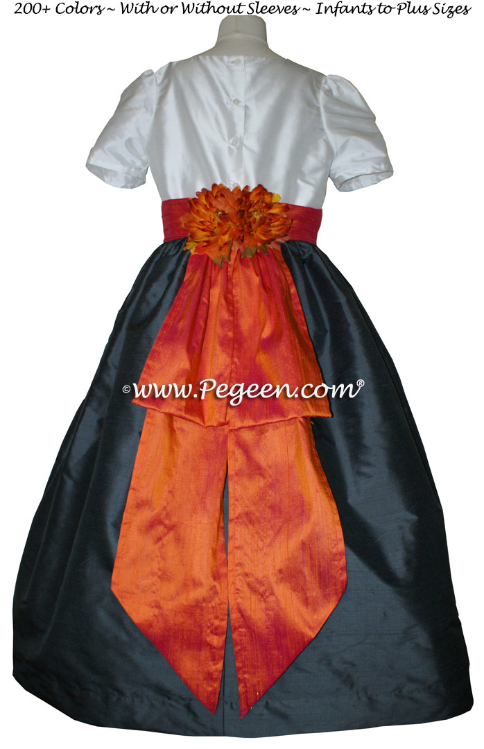 Pewter Gray and Mango Orange Monogrammed Silk Flower Girl Dresses