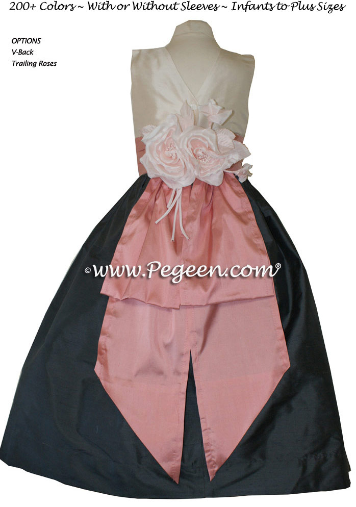 Pewter Gray and Woodrose Pink silk flower girl dresses