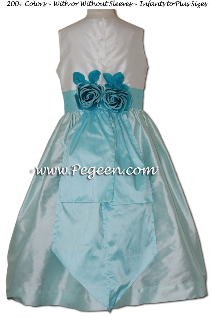 Pond (Light Aqua) and Bay (Tiffany Blue) Silk Flower Girl Dresses with back flowers