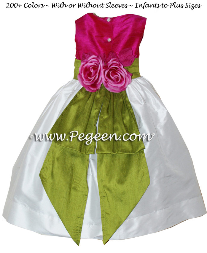 Raspberry pink and Grass green silk flower girl dresses - Style 383