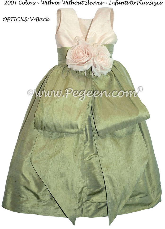 Sage and Bisque flower girl dresses with bustle and flowers
