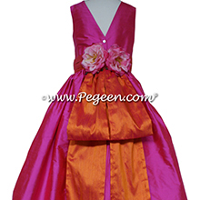 Shock (hot pink) and Mango (orange) silk flower girl dresses