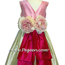 SUMMER GREEN, RASPBERRY AND BUBBLEGUM PINK AND Antique White SILK Flower Girl Dresses