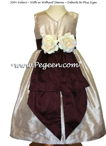 Flower Girl Dresses with back Flowers in Toffee Creme and Burgundy Style 383