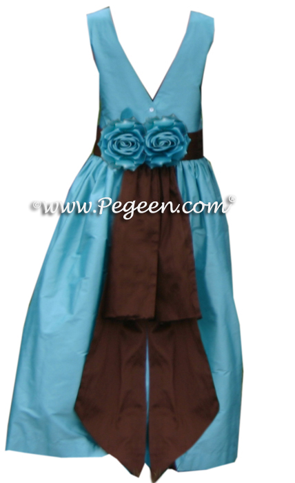 Custom silk tiffany blue and chocolate brown flower girl dress style 383