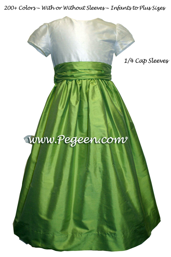 Sprite Green and Ivory Silk Flower Girl Dress With Small Cap Sleeves Style 388