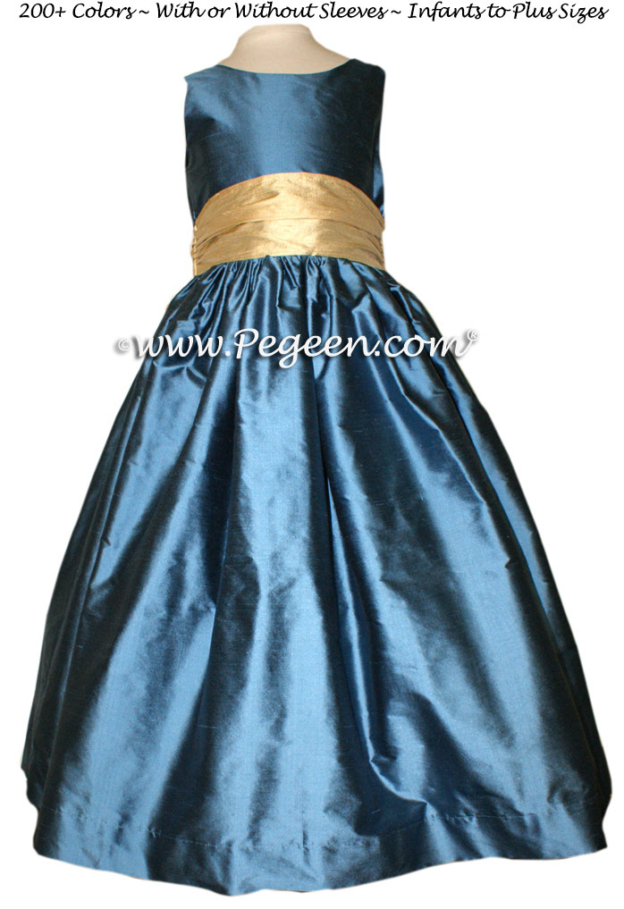 Spun gold and storm blue Jr Bridesmaid dress style 388