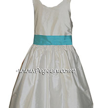 Custom NEW IVORY AND BAHAMA BREEZE(turquoise blue) flower girl dresses in silk BY PEGEEN