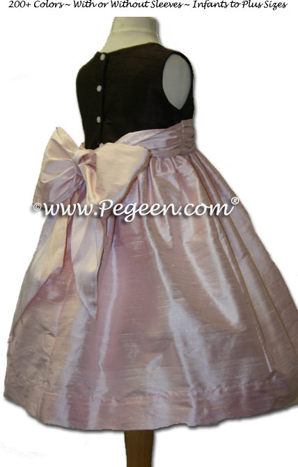 Custom Blush pink and chocolate brown flower girl dresses in silk Style 398